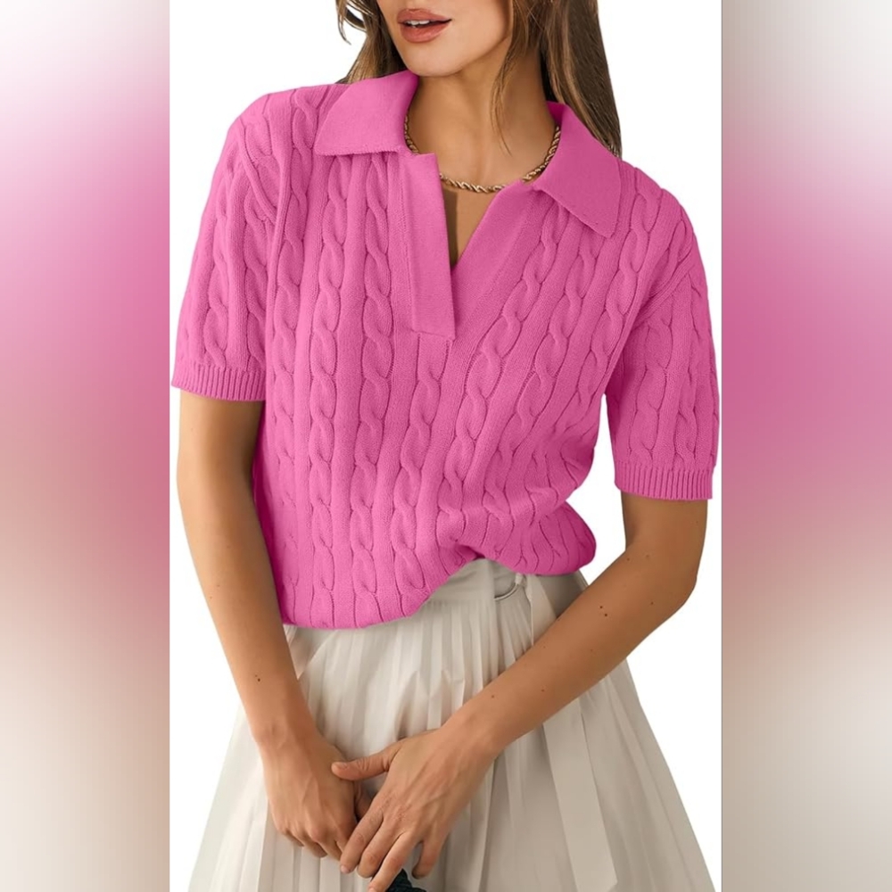 🌺Short Sleeve Polo V Neck Cable Knit Soft Pullover Sweater 🌺 - Picture 4 of 9